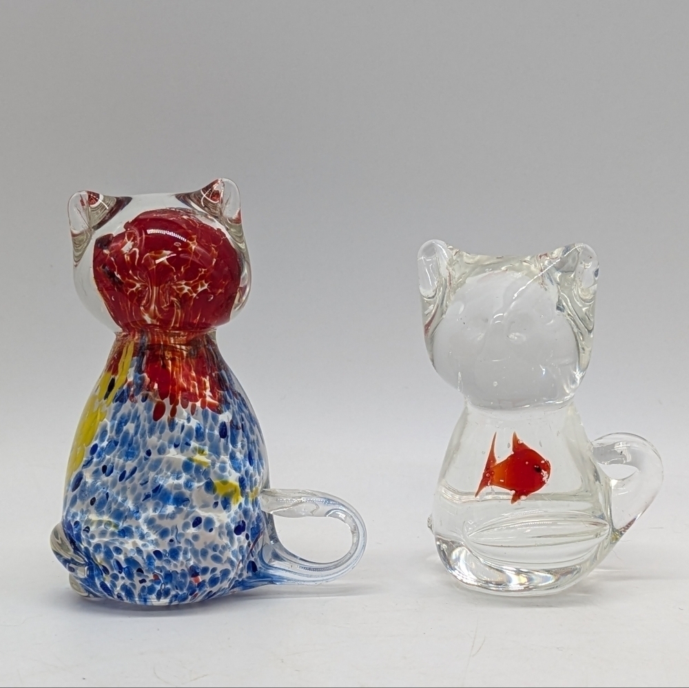 Art Glass Cats Colorful Goldfish Set Of Two